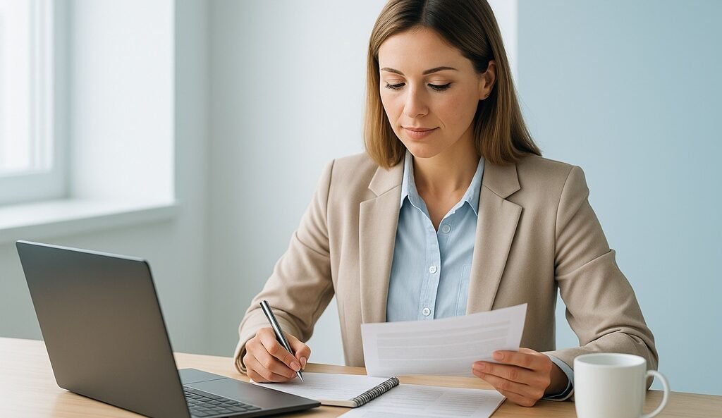 Mujer profesional organizando sus finanzas personales frente a una laptop, ilustrando el costo accesible del Seguro Vida Mujer.
