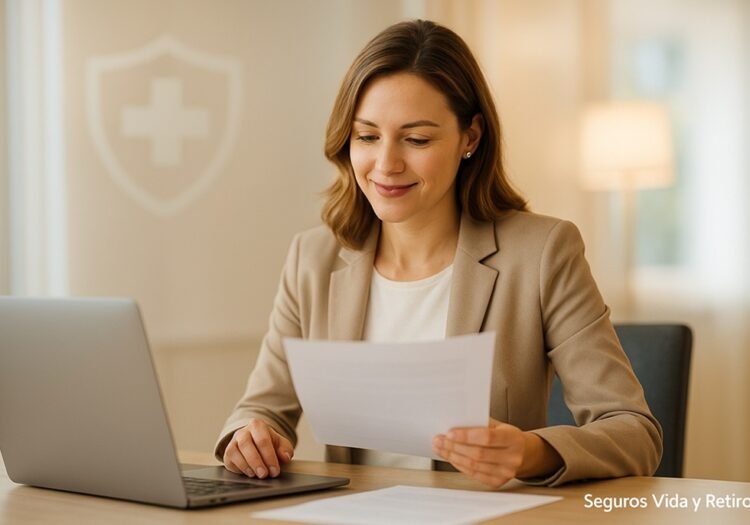 Mujer profesional de 30 años revisando documentos con laptop y café en oficina moderna. Mercado típico del Seguro Vida Mujer de Seguros Monterrey